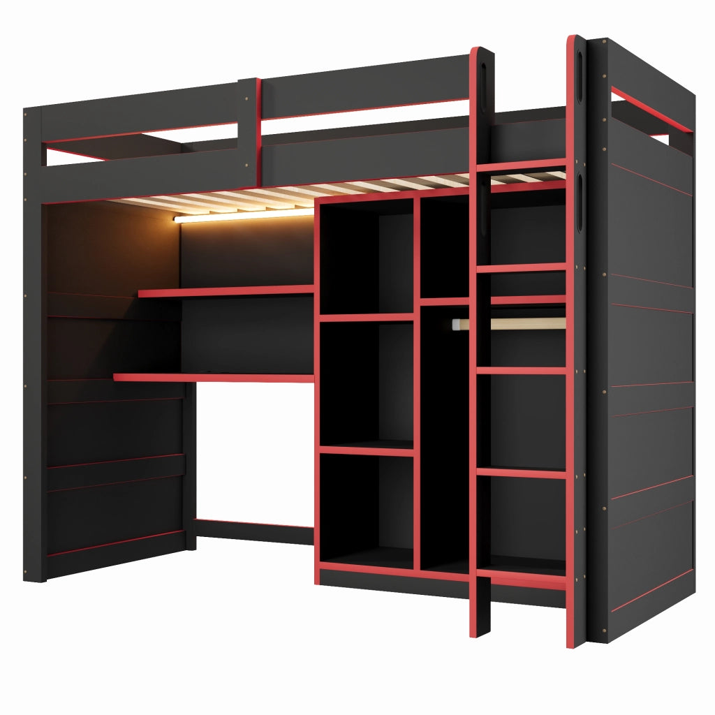 Letto a soppalco 90 × 200 cm con scrivania armadio aperto LED USB in MDF e compensato nero e rosso