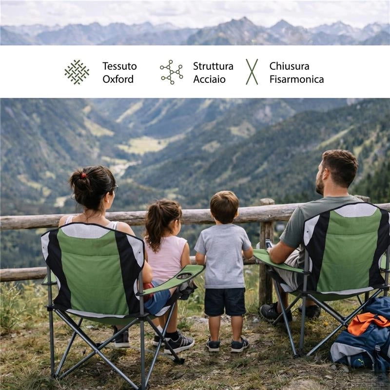 SEDIA DA CAMPING IN TESSUTO VERDE CON CHIUSURA A FISARMONICA POGGIOLI E PORTA BEVANDE 60X90X105 CM