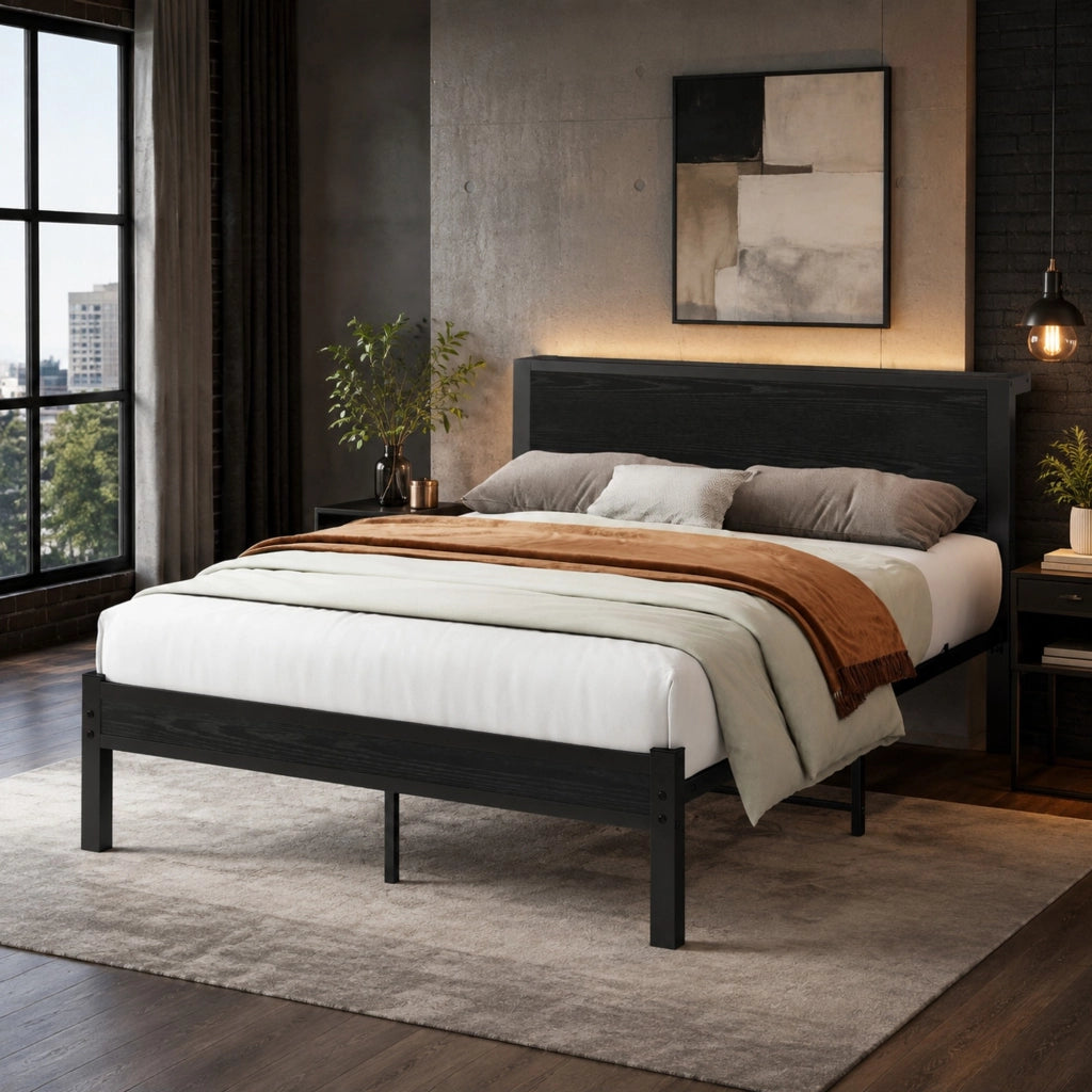 LETTO Singolo 120x200 cm con testiera, MDF e metallo, Nero