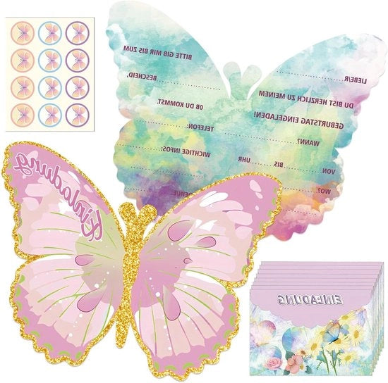 12 carte d'invito con buste per festa di compleanno bambina ragazze tema farfalla - Invito di compleanno con adesivi per invito