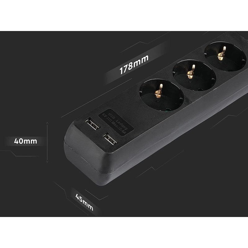 Multipresa Ciabatta Elettrica Con 2 USB e 3 Posti Schuko 10A Cavo Lunga 5 Metri Colore Nero 3X1.5 mmq SKU-8777