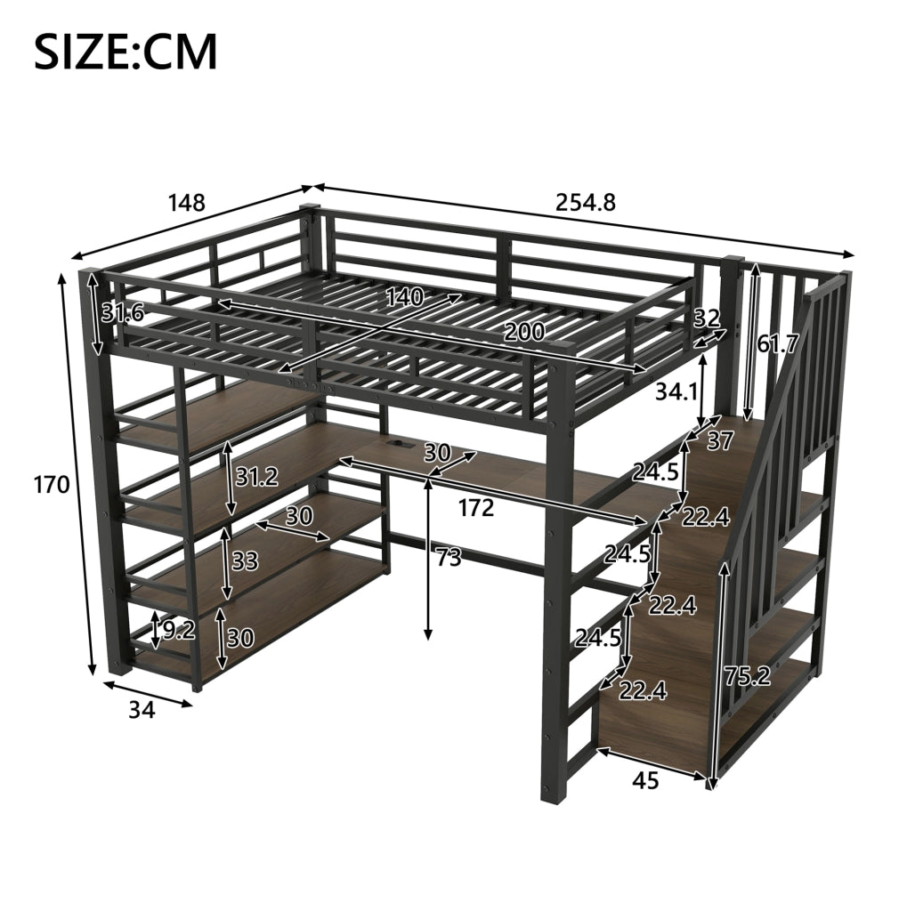 Letto a soppalco 140x200 cm in metallo con scrivania integrata; scaffali; LED e stazione di ricarica; nero