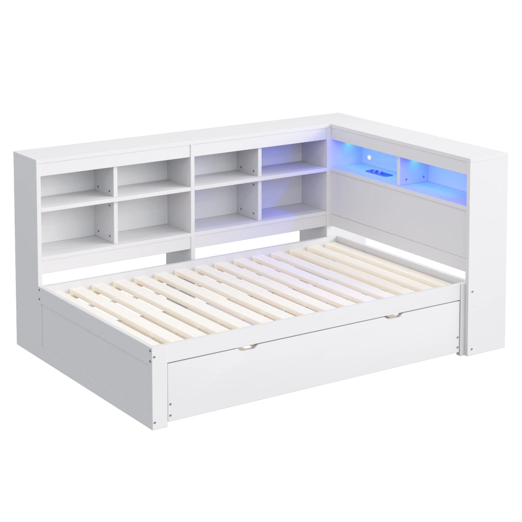 Divano letto singolo in legno con letto estraibile, USB, LED e ripiani laterali, bianco, 90 × 200 cm