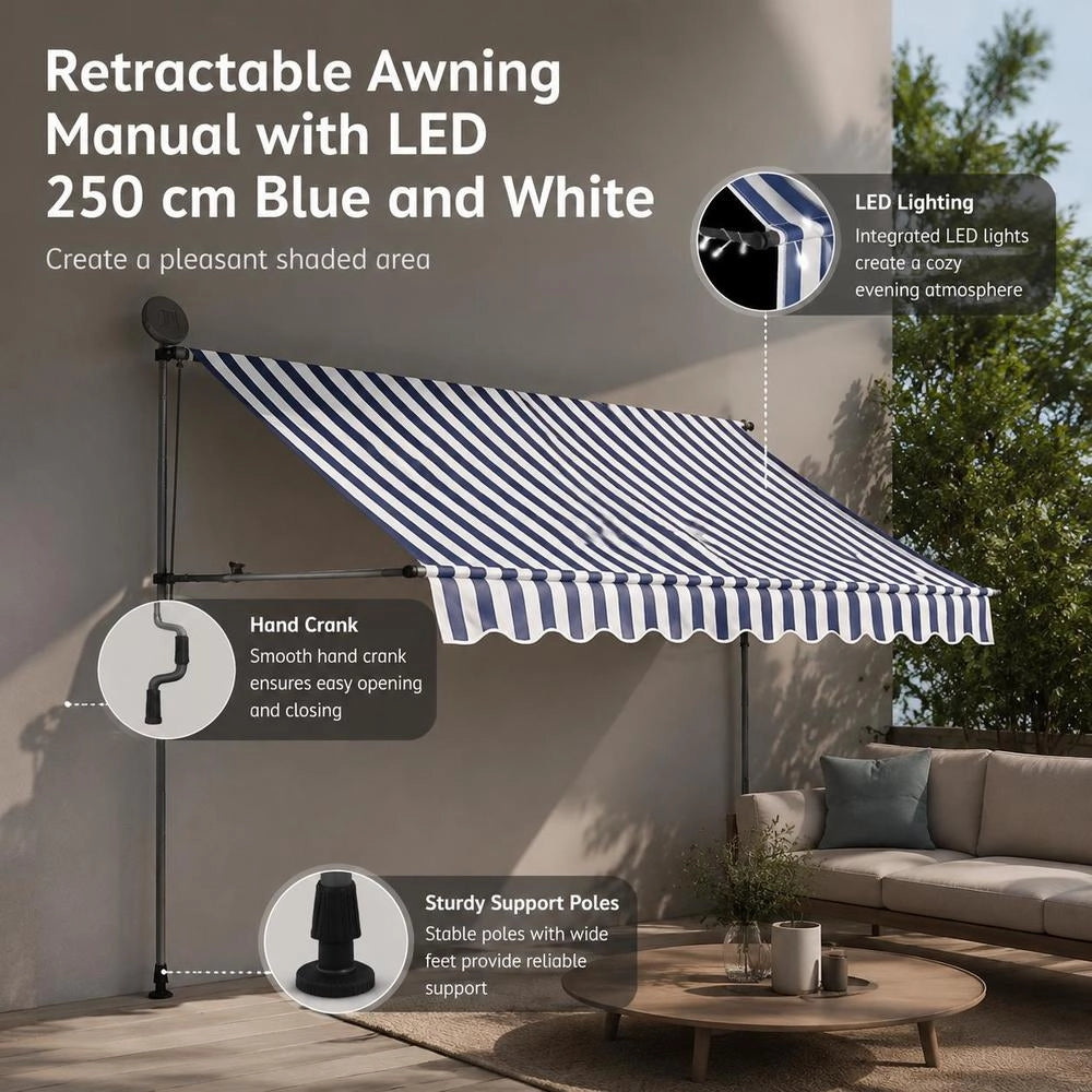 Retractable Awning, Manually Operated, With LED, 250 Cm, Blue And White
