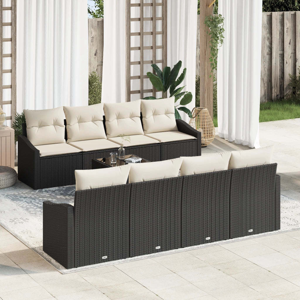 Set di divani da giardino da 9 pezzi con cuscini Nero Polyrattan