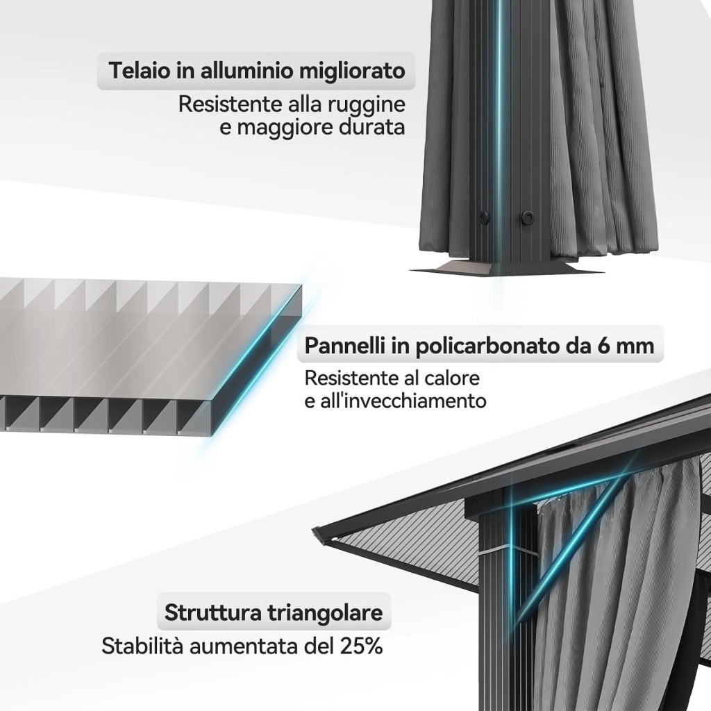 Gazebo 3 x 3 impermeabile con Luce LED, stabile, in alluminio, gazebo da giardino, con tetto fisso, protezione UV, adatto per scene esterne, grigio