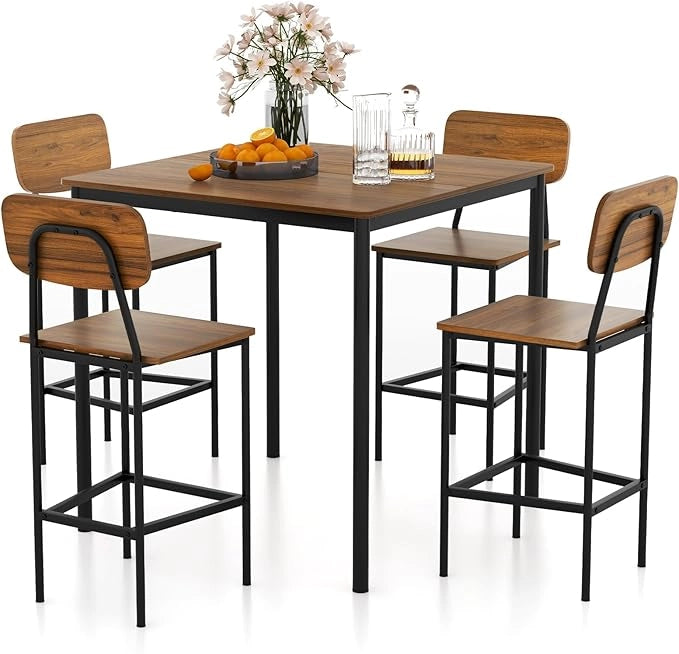 Set 5 Pezzi Tavolo da Pranzo, 1 Tavolo Rettangolare e 4 Sedie con Poggiapiedi, Set di Tavolo da Pranzo Salvaspazio per Casa Ristorante Bar (Noce)