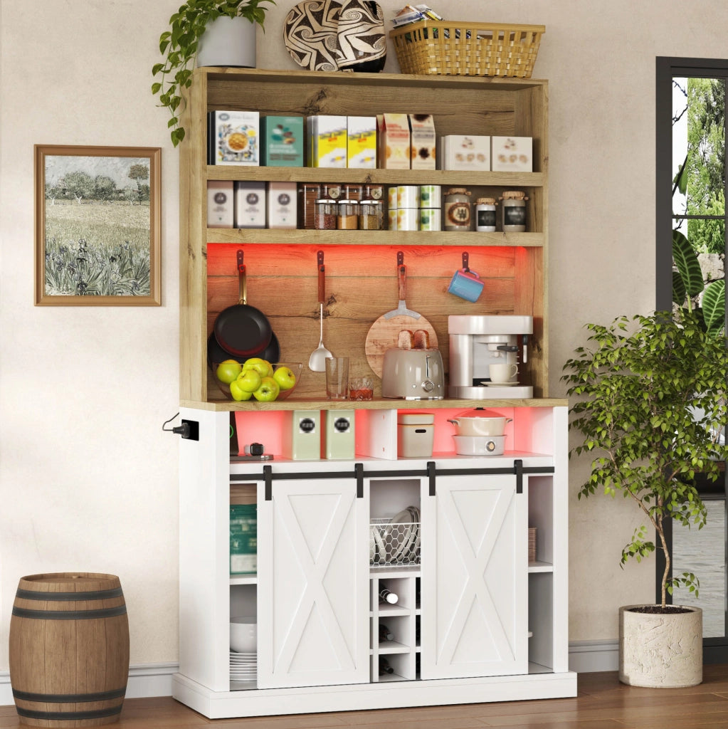 Mobile cucina alto 110x40x191 cm con LED; prese USB; ripiani e vetrina; bianco naturale