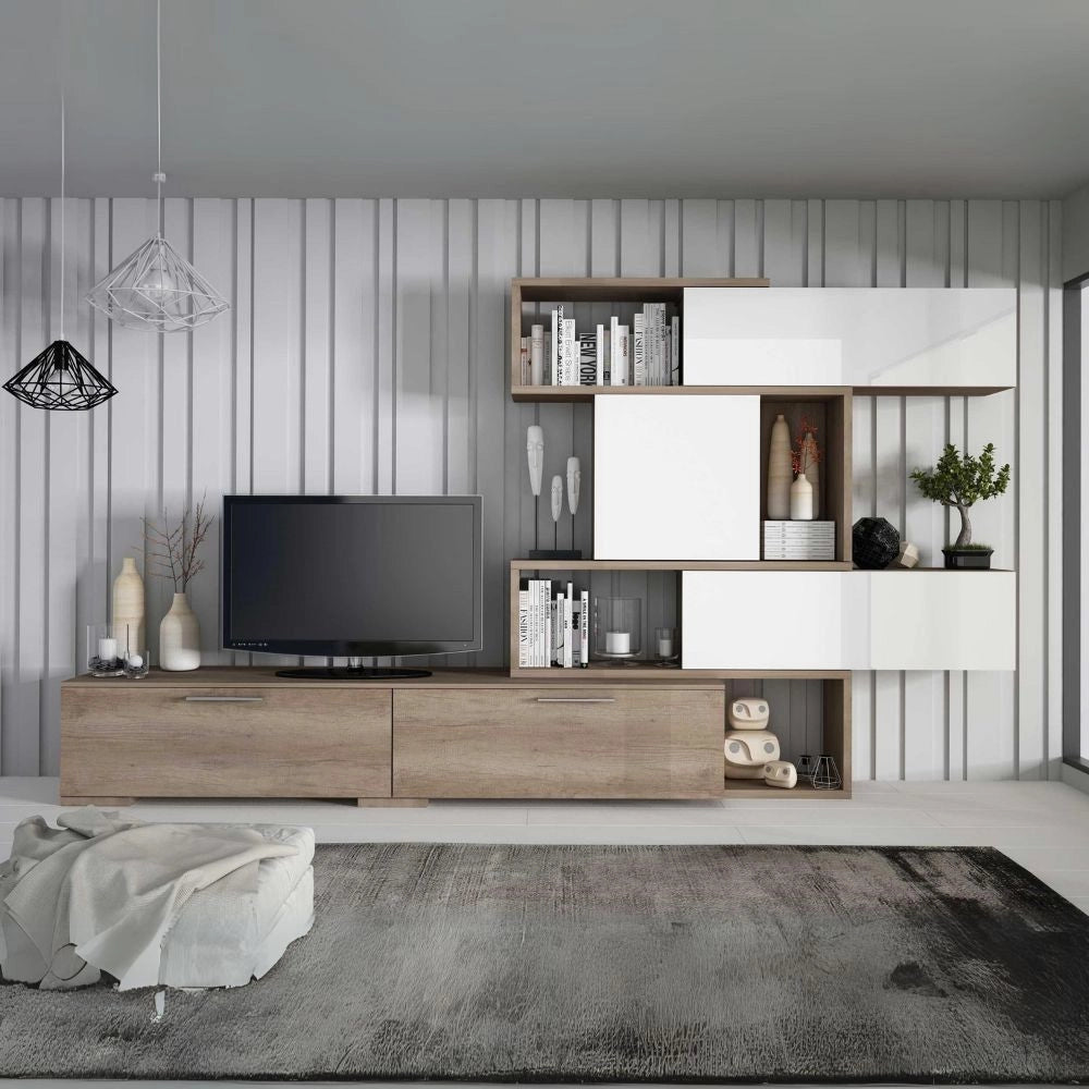 Parete attrezzata lineare o angolare reversibile 8016 colore rovere e bianco
