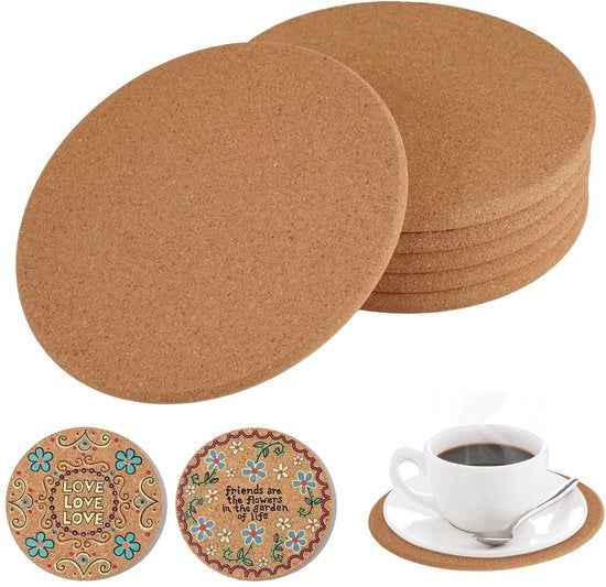 6 pezzi di tappetini per bicchieri in corteccia di quercia naturali, diametro 16 cm, spessore 1 cm, tappetini rotondi e quadrati in corteccia di quercia, assorbenti per bicchieri, piatti e padelle.