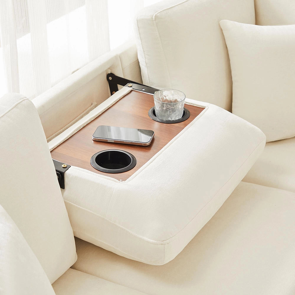 Divano letto angolare in velluto - Xylo - 205x205x85 cm - Beige - Con pouf, luce, USB, tavolo nascosto