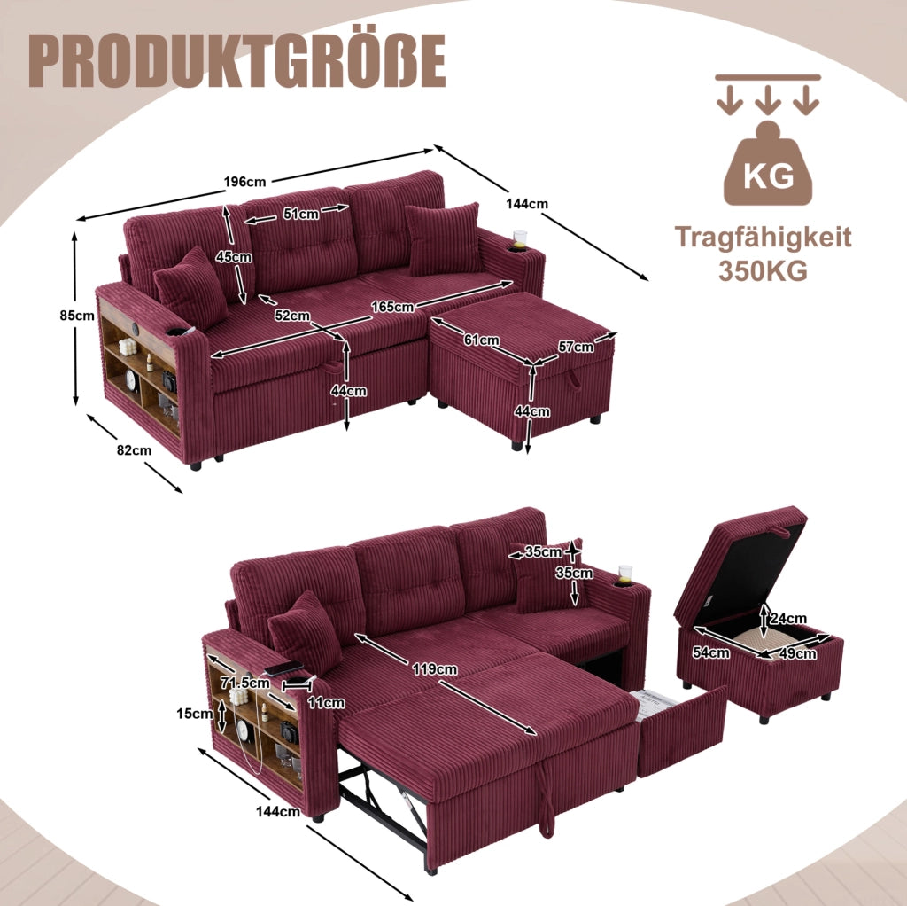 Divano letto 196x82x85 cm in tessuto bordeaux con vano contenitore， USB-C e LED