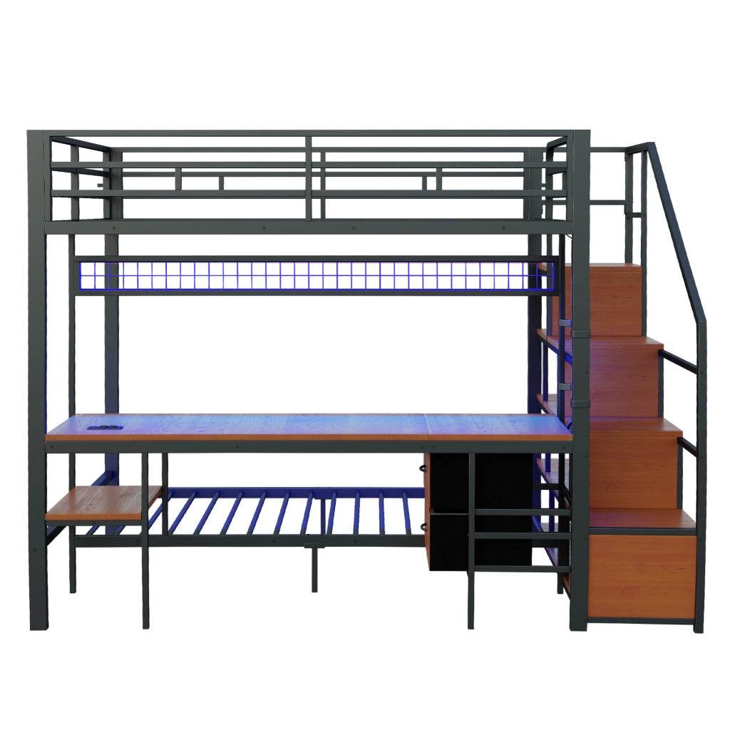 Letto a castello nero con scrivania integrata led e prese elettriche in metallo e legno 140x200 & 90x200 cm