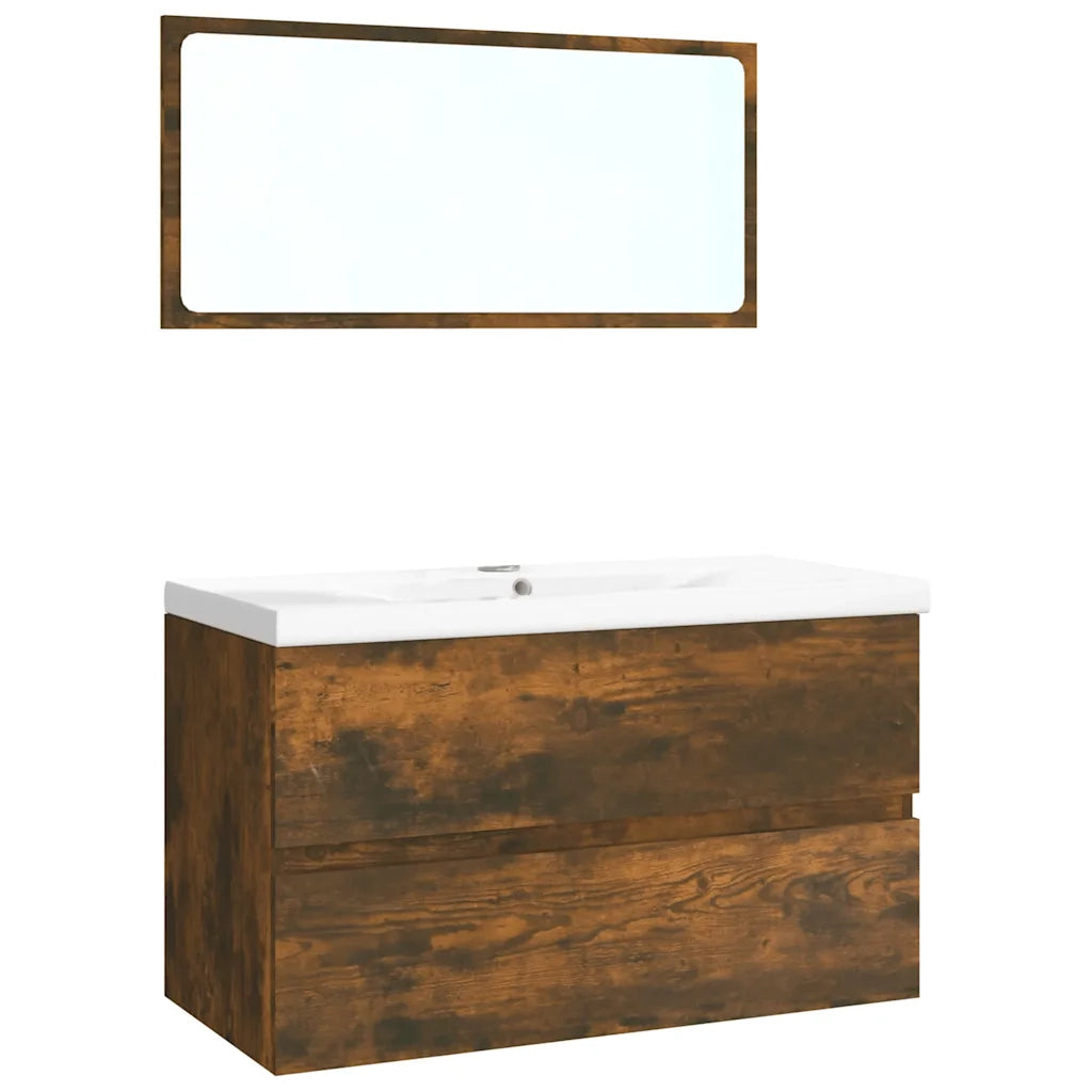 Mobile bagno con specchio e armadietto contenitore 80 x 39,5 x 45 cm in legno composito finitura rovere affumicato 02_0055243
