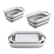 Set 2 Ceste Portabiancheria Pieghevoli 24L e 39L, Cesti Salvaspazio in Plastica e Silicone con Maniglie, Ceste Bucato Richiudibili Grigio Bianco per Bagno Lavanderia Casa