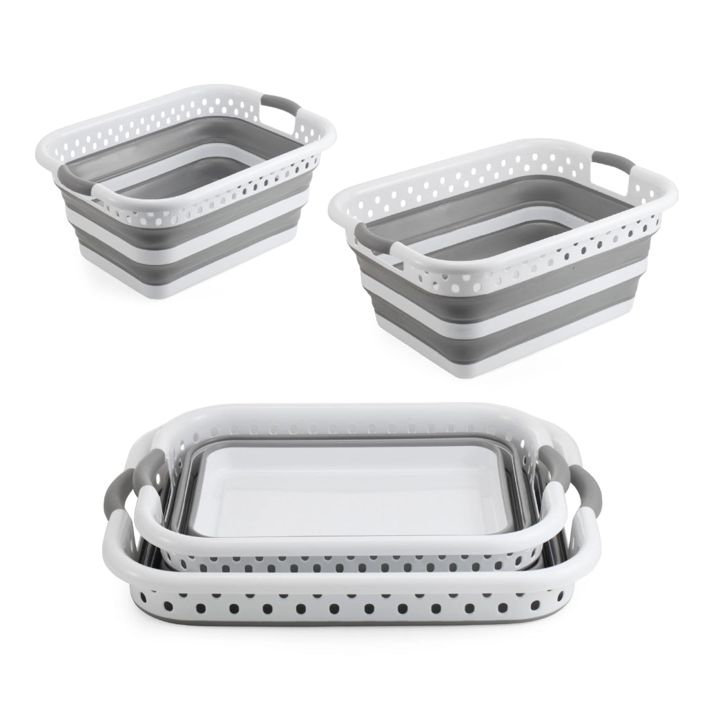 Set 2 Ceste Portabiancheria Pieghevoli 24L e 39L, Cesti Salvaspazio in Plastica e Silicone con Maniglie, Ceste Bucato Richiudibili Grigio Bianco per Bagno Lavanderia Casa