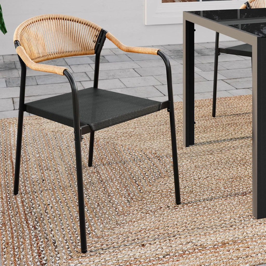 IDMarket - Set di 6 sedie da giardino MADEIRA in metallo, corda e textilene nero e rattan chiaro
