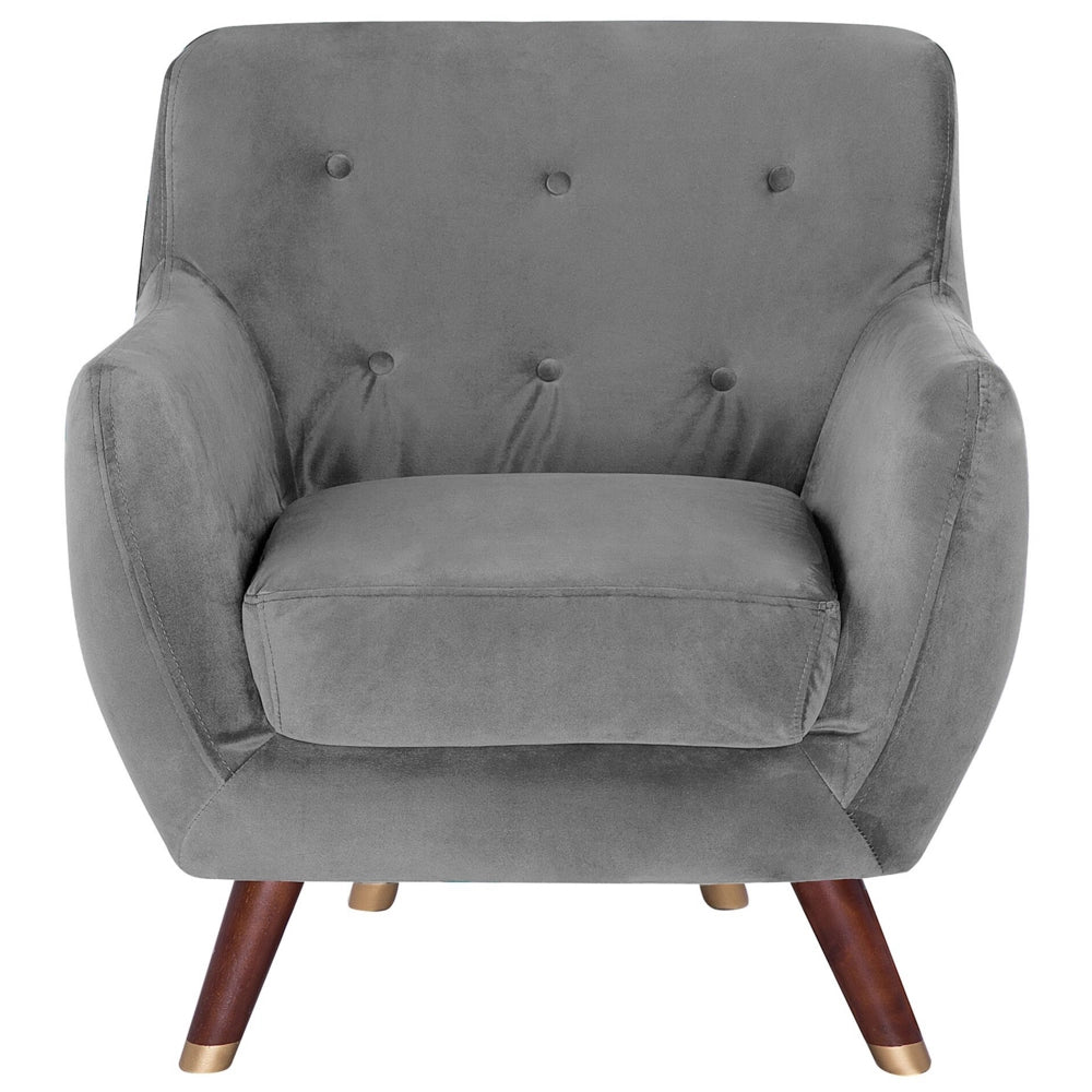Poltrona in velluto grigio con gambe in legno con schienale capitonnè