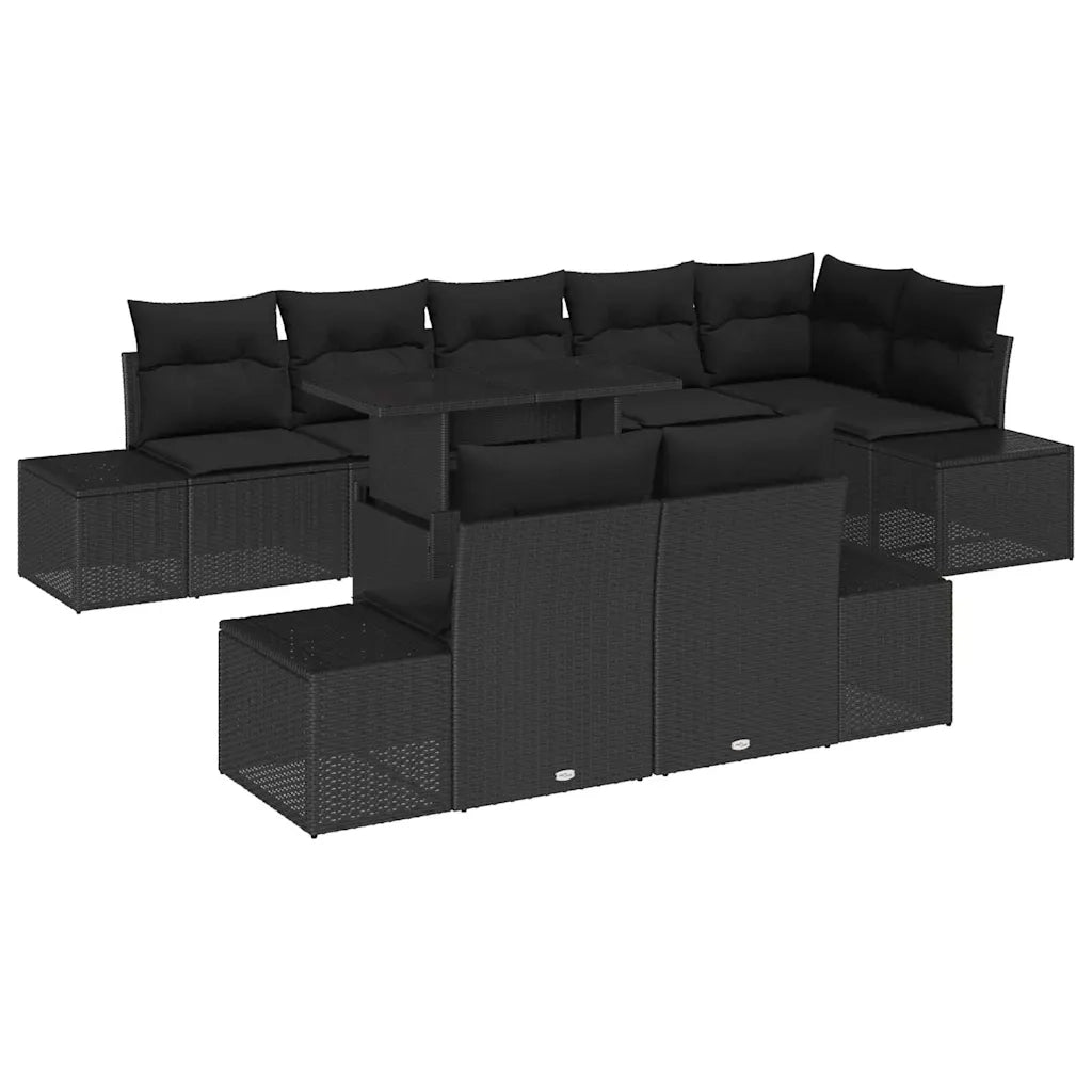 Set Divano da Giardino con cuscino 9 pcs Nero polyrattan