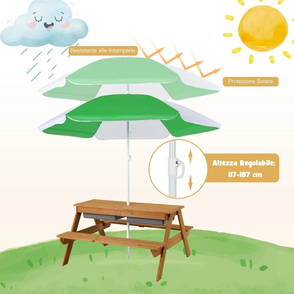 Set Tavolo e Sedie per Bambini da Giardino 3 in 1, con Ombrellone Rimovibile e Regolabile, Piano Rimovibile, Tavolo con Panche in Legno per Bambini da Interno Esterno (Verde e Bianco)
