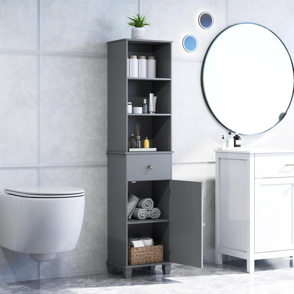 Armadio alto da bagno 172 cm, mobile a colonna da pavimento con 3 ripiani aperti, 1 cassetto e 1 porta, ripiano inferiore regolabile, 40 x 30 x 172 cm, organizer per cucina, soggiorno (grigio)