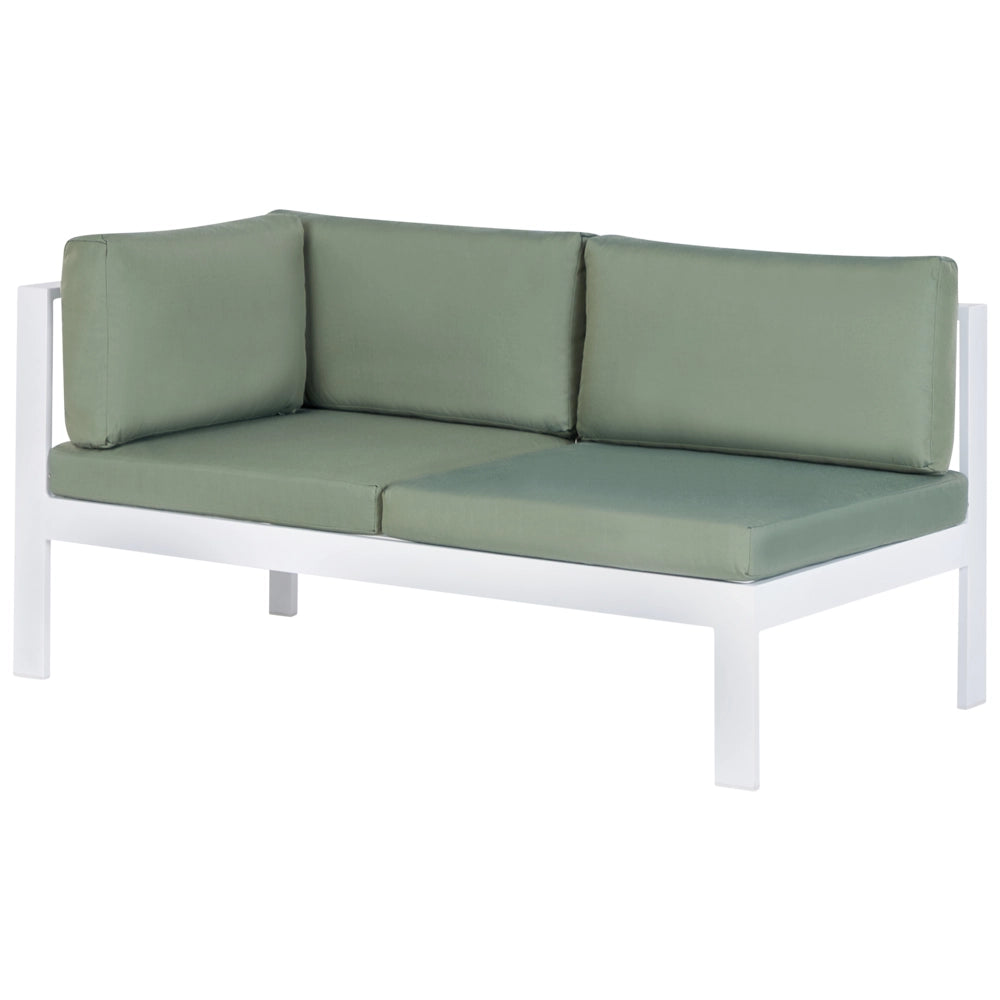 Set da giardino divano 5 posti e tavolo elevabile con struttura bianca e piano in vetro e cuscini bianchi e verdi stile moderno scandinavo