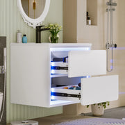Armadietto da bagno sospeso con lavabo integrato, 2 cassetti, LED a sensore radar, MDF e ceramica bianco 60 × 46 × 50 cm