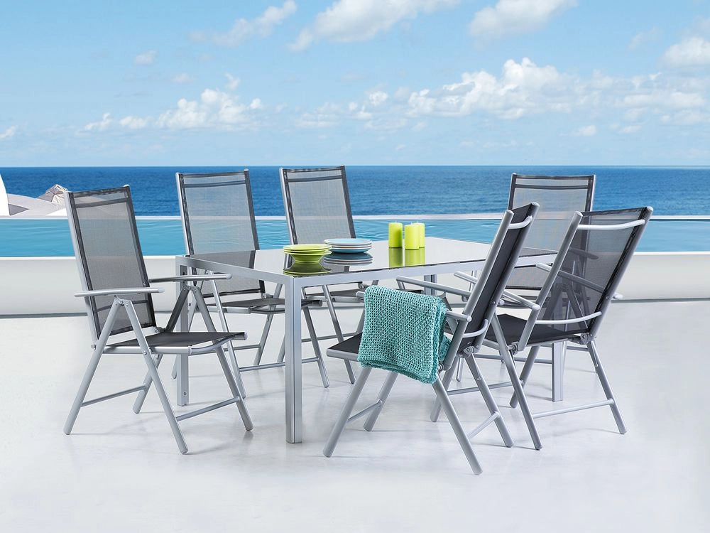 Set da pranzo da giardino in 7 pezzi Tavolo da pranzo in alluminio Nero con 6 sedie pieghevoli