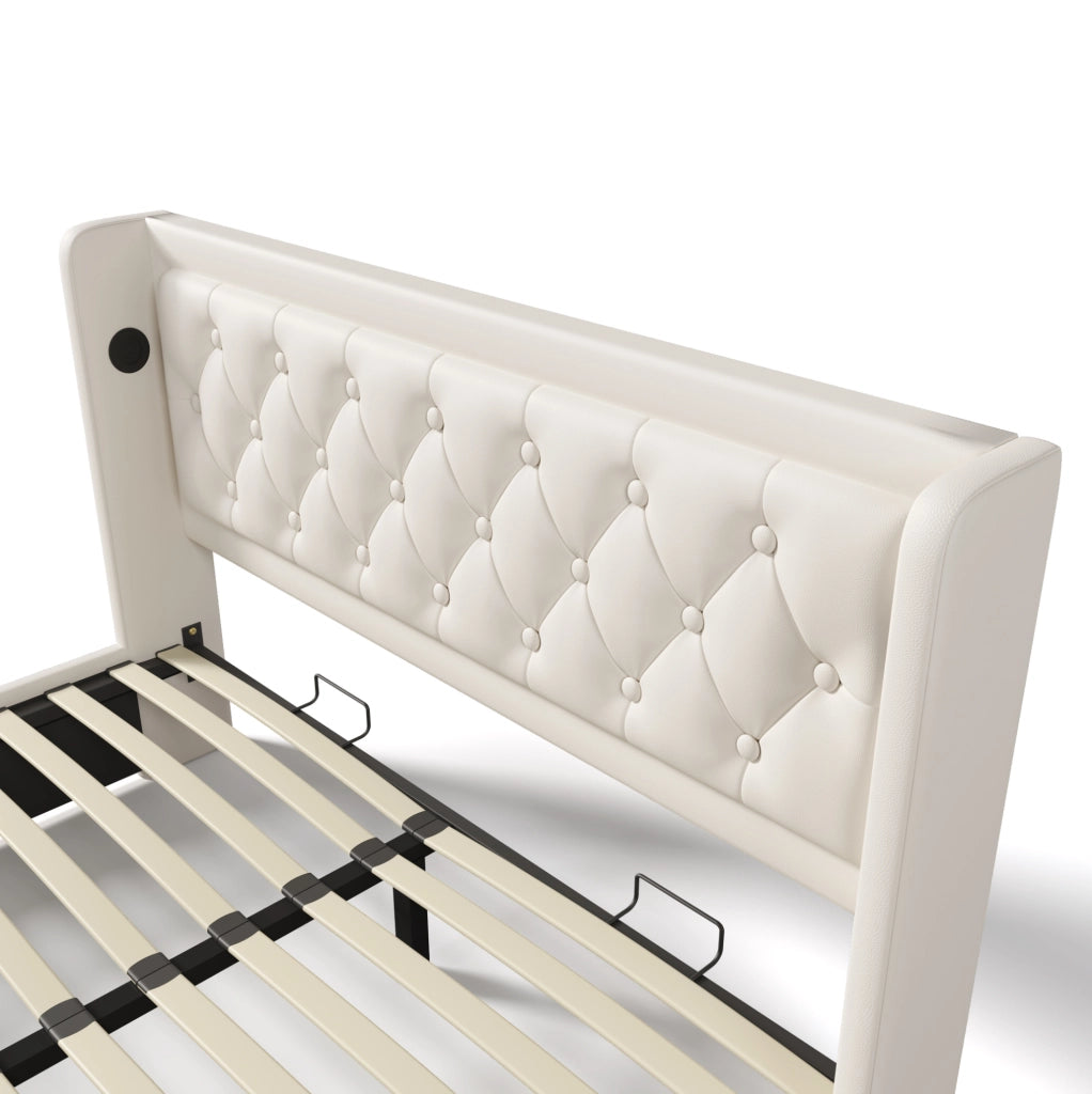 Letto matrimoniale contenitore 160x200 cm in PU bianco con LED; testiera imbottita e USB Tipo-C