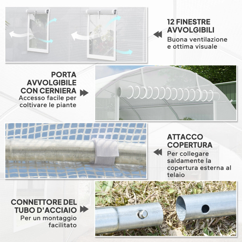 Serra a Tunnel 8x3x2 m con Rivestimento in Plastica e Acciaio Rinforzato, Bianco