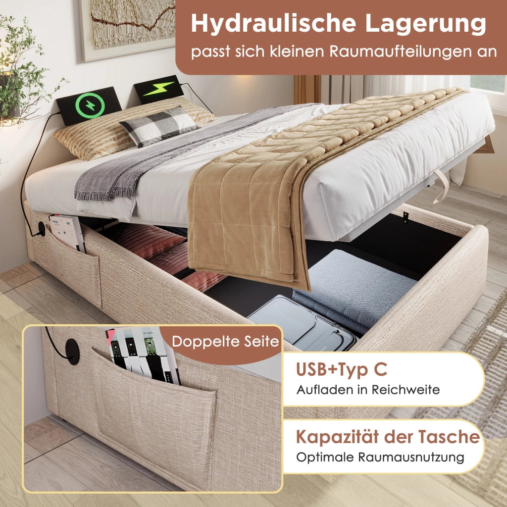 Letto matrimoniale imbottito con porta USB 160x200 cm lino beige naturale