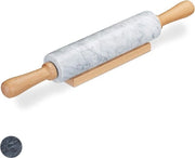 Roller di pasta in marmo con maniglie in legno - per cucinare e cuocere - inclusa base - manubrio pesante - bianco