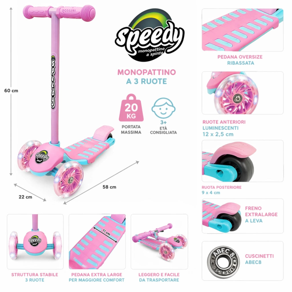 Monopattino Evolutivo per Bambini 3+ anni fino a 50kg Scooter con ruote LED Pedana antiscivolo Freno d'Acciaio Monopatti