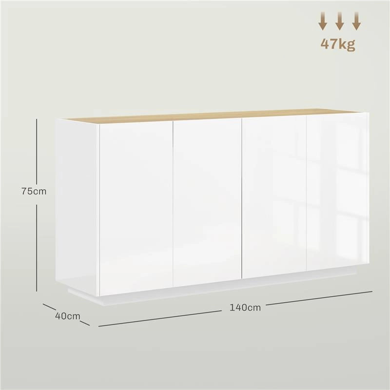 CREDENZA MODERNA CON ARMADIETTI A 2 ANTE CHIUSURA AMMORTIZZATA E RIPIANI REGOLABILI 140X40X75 CM BIANCO LUCIDO