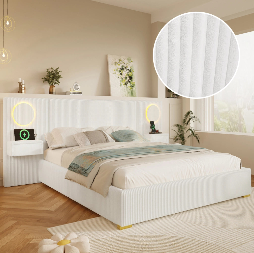 Letto imbottito 180x200 cm in velluto beige con LED, USB e comodini con cassetti