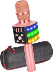 Microfono Karaoke per Bambini con Luci a Led che Scintillano, Connessione Bluetooth, Portatile, Adatto per Feste e Eventi in Casa, Compatibile con iOS e Android, Modello Roségoud
