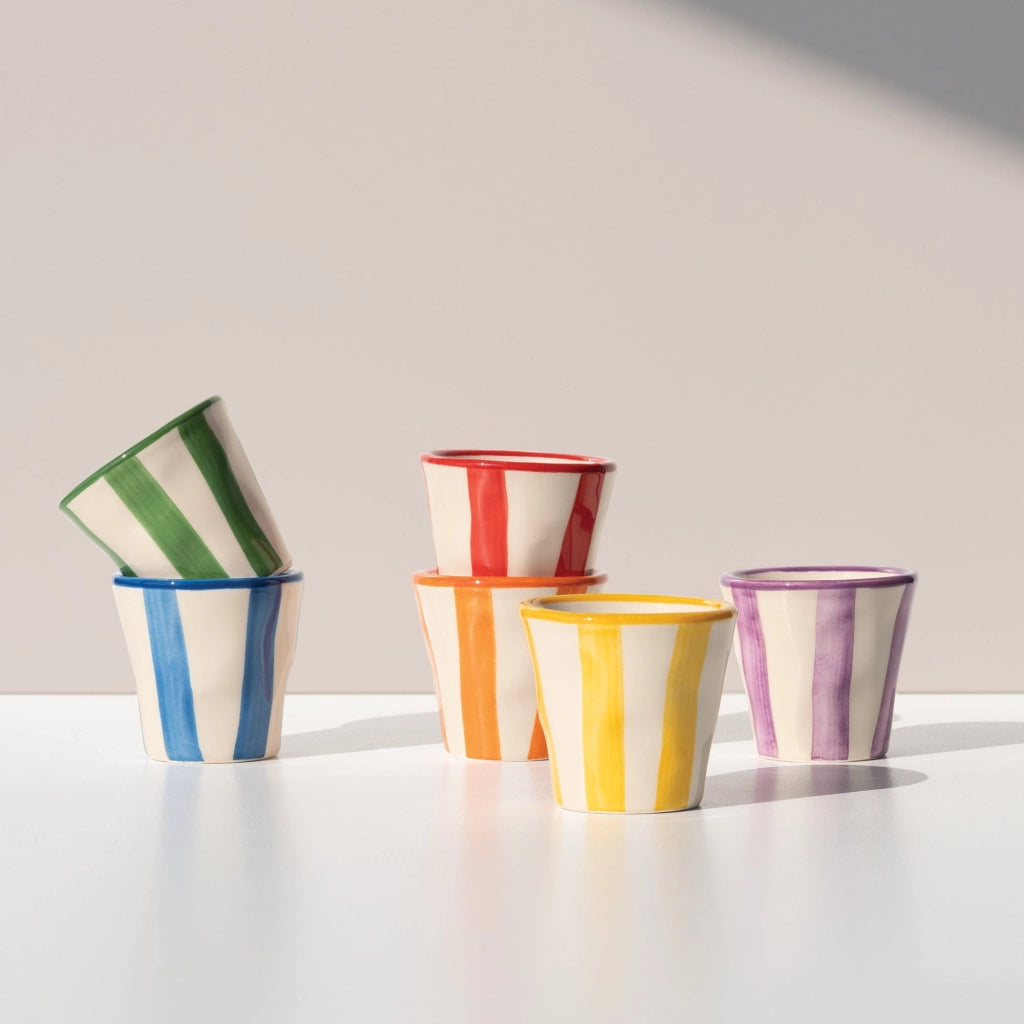 Zafferano Set 6 Bicchierini Collezione Lido Righe in ceramica artigianale made in Italy colori assortiti per caffè e dessert eleganti e vivaci