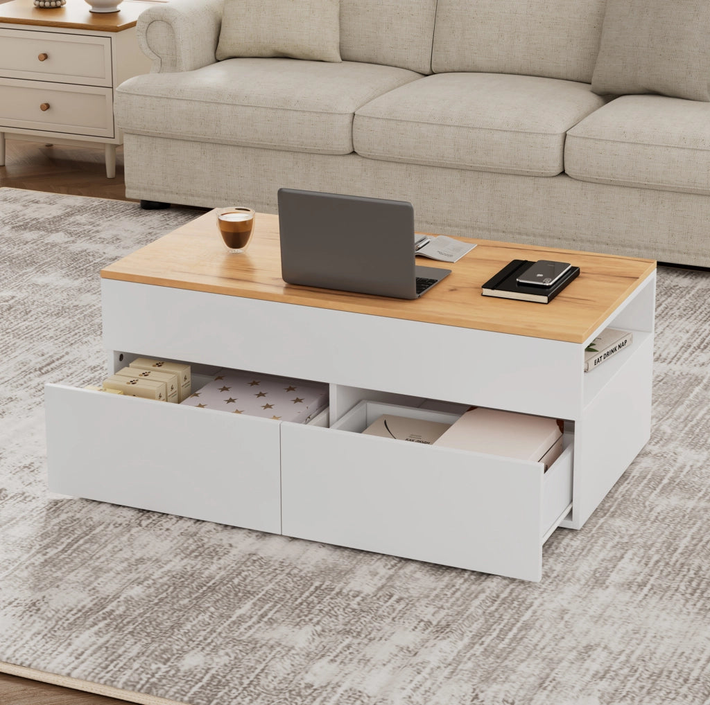 Tavolino da caffè sollevabile 100x50x40 cm con 2 cassetti; bianco e effetto legno