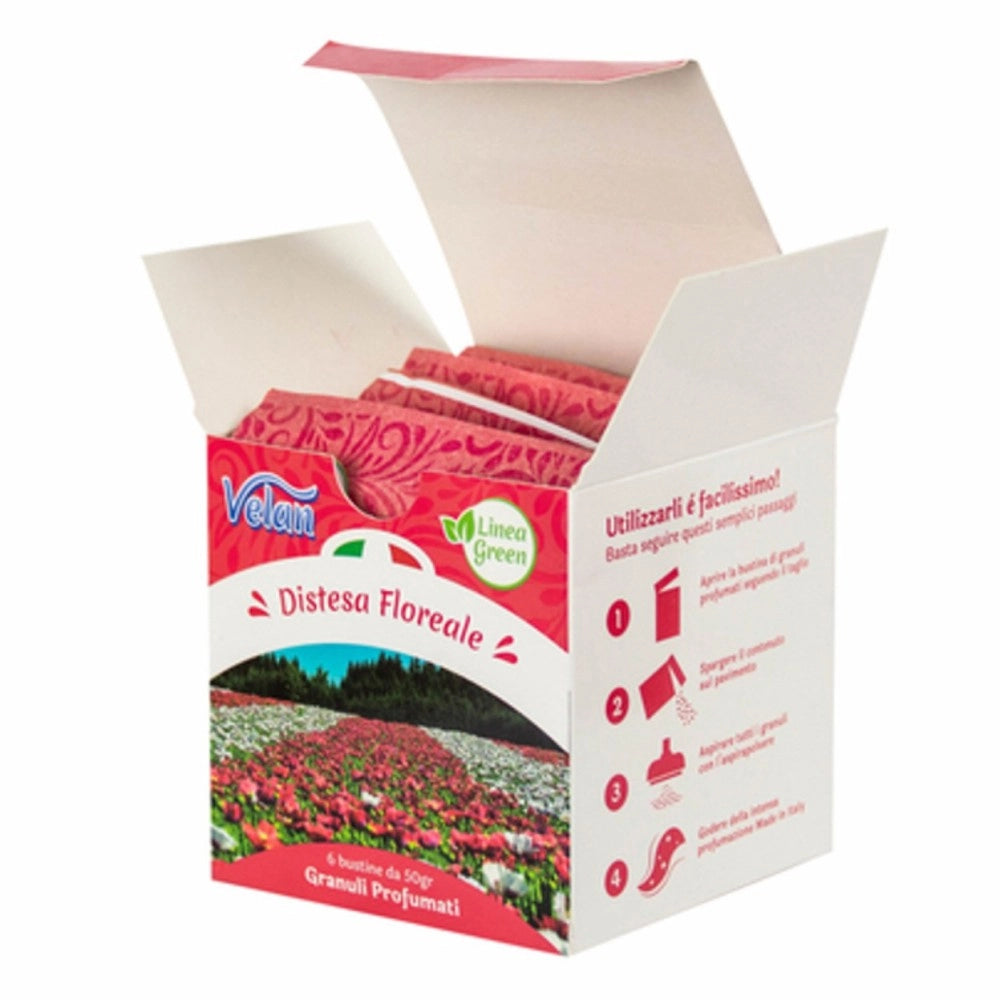SCATOLA 6 buste da 50gr. GRANULI CRISTALLI PROFUMATI AI FIORI PER ASPIRAPOLVERE - UNIVERSALE