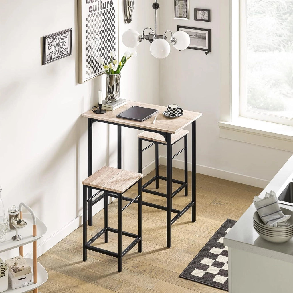 Set Tavolo da Bar Alto con 2 Sgabelli - Tavolo Salvaspazio per Cucina Piccola e Balcone, Stile Industriale Moderno - Tavolino Alto da Esterno per Giardino o Terrazzo OGT10-N