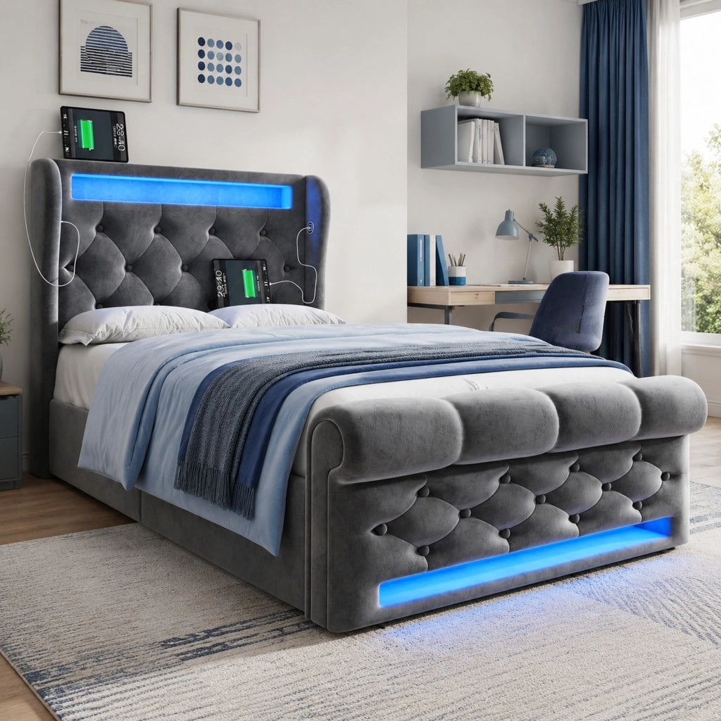 Letto singolo imbottito 90x200 cm in velluto grigio con LED, USB e vano contenitore