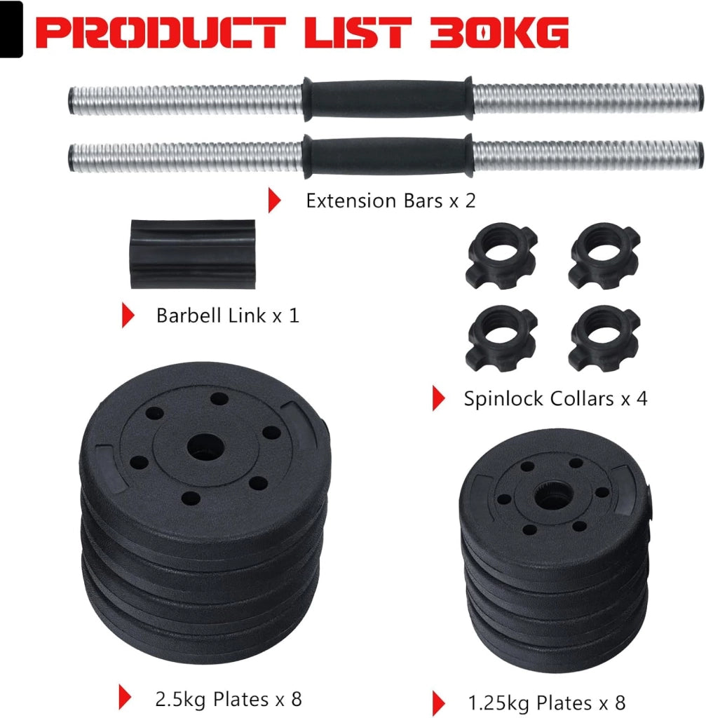 Manubri Palestra 30 kg, Set Pesi Palestra Casa 2 in 1, Manubri Regolabili con Tubo di Collegamento Multifunzione e Professionale per Uomini e Donne, Bilanciere Palestra per Fitness