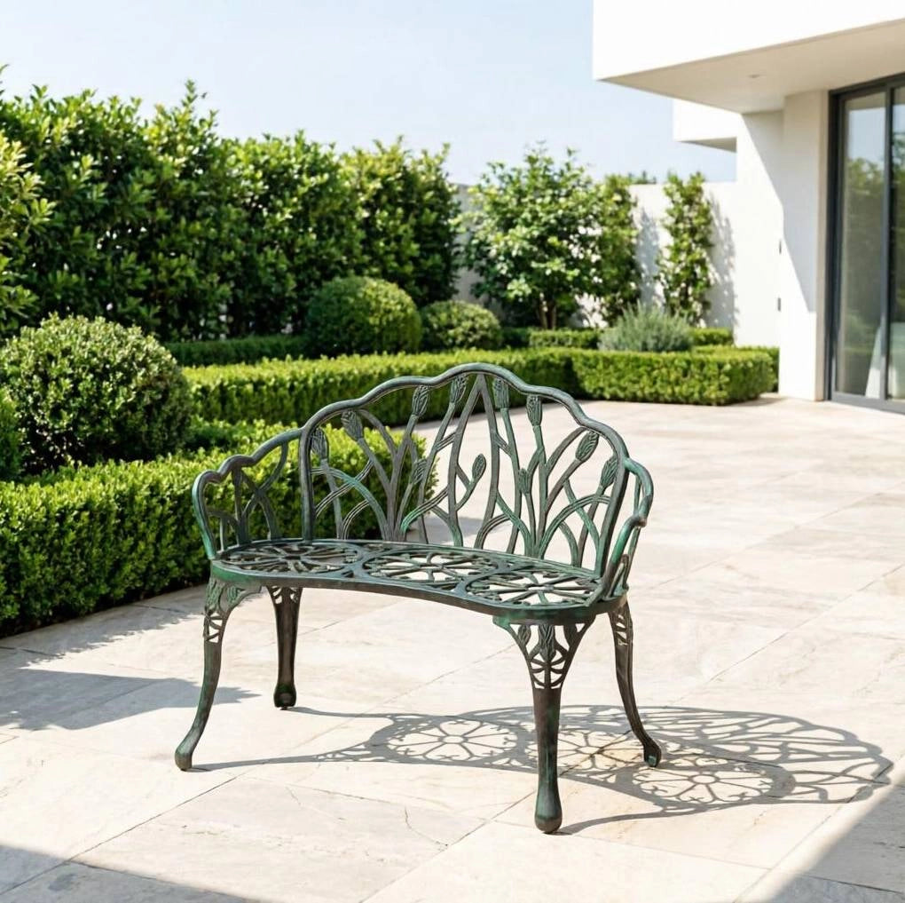 Panchina da giardino verde in alluminio pressofuso per 2 persone