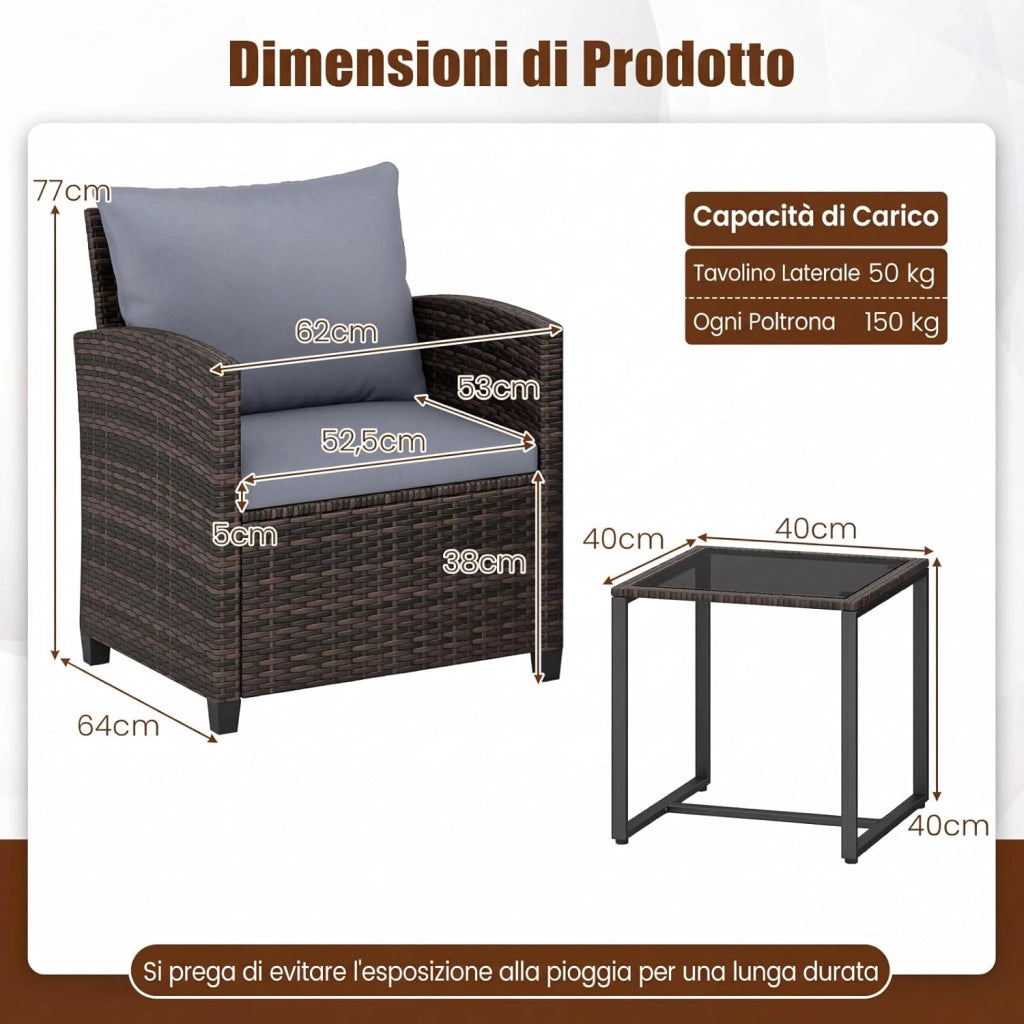 Set Mobili da Giardino 3 Pezzi, Salotto da Esterno in Rattan PE con 2 Poltrone e 1 Tavolino in Vetro Temperato, Set da Conversazione con Cuscini Sfoderabili per Patio (Grigio, Modello 5)