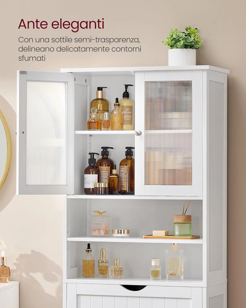 VASAGLE Mobiletto Contenitore, Armadietto da Bagno, con Ripiani Regolabili, Cassetto, Scomparti Aperti, per Bagno, Soggiorno, Sala da Pranzo, Bianco Nuvola BBC768W01