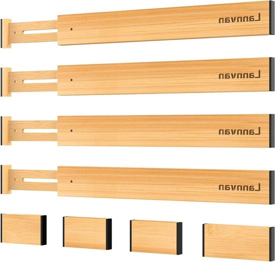 Set di distributore di carreggiata regolabile da 4 - Organizzatore di carreggiata in bambù per commode della cucina - Distributori di carreggiata per abbigliamento e bagno - 428-563 cm naturale.
