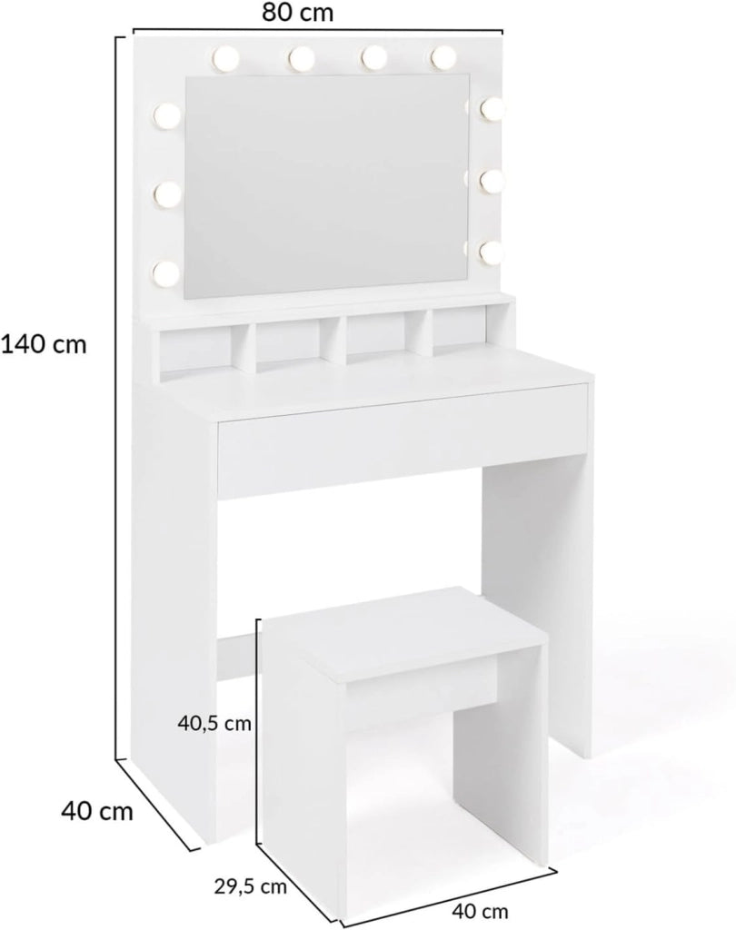 Mobiletto ZELIA con specchio LED, 4 nicchie, 1 cassetto e sgabello