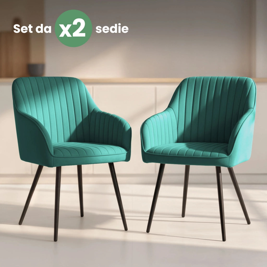 Set di 2 Sedie in velluto con cuciture verticali FLORENCE Verde Bottiglia gambe nere