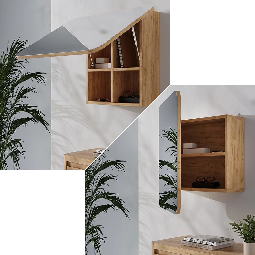Specchio contenitore bagno Zino, Quercia dorata, 60 x 50 cm con ripiani