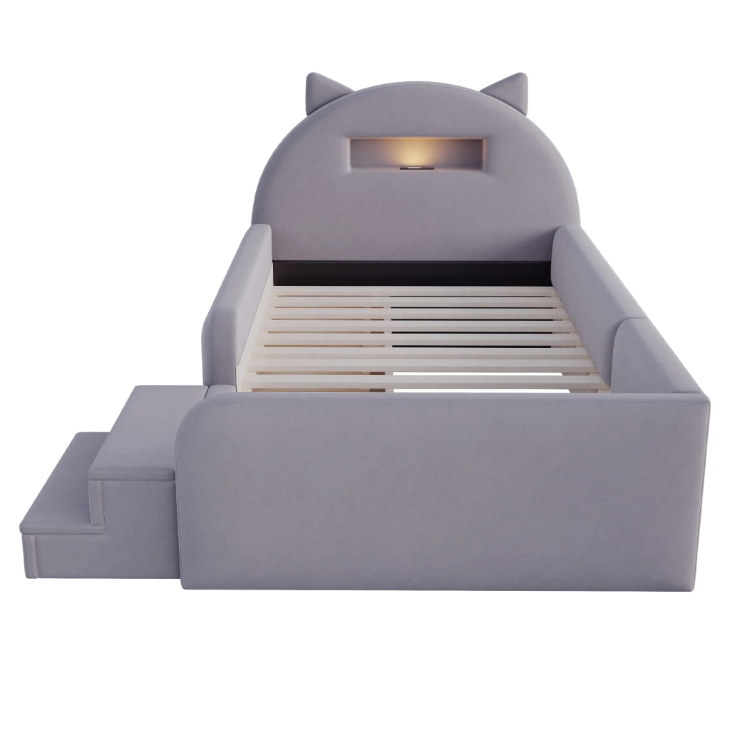 DESMIU Letto per bambini 90 × 200 cm 1 posto con 4 cassetti, USB, luce notturna e pedana removibile, senza materasso